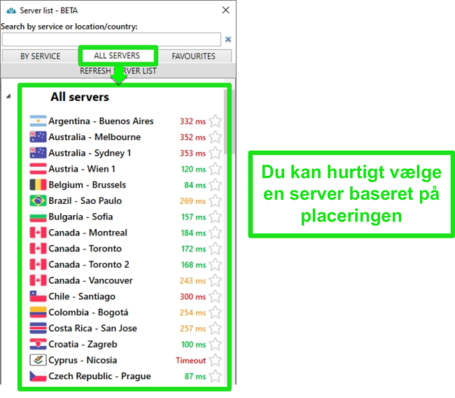 Sk&aelig;rmbillede af PrivateVPN-serverplaceringer under listen "Alle servere"