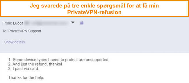 Sk&aelig;rmbillede af svar for at anmode om en PrivateVPN-refusion via e-mail