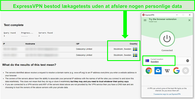 Sk&aelig;rmbillede af ExpressVPN, der bestod en DNS-l&aelig;kagetest, mens den er tilsluttet svenske servere