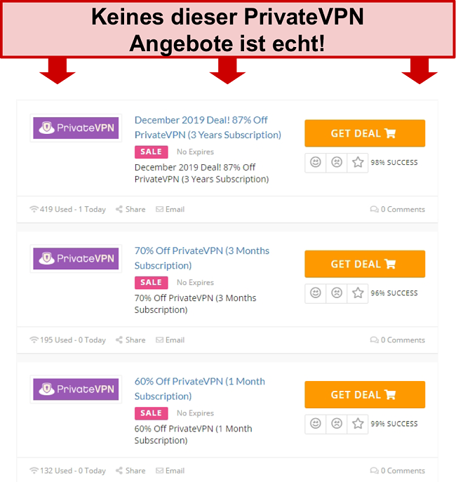 Screenshot von PrivateVPN-Deals mit falschen Preisen