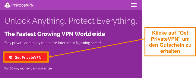 Screenshot des Startbildschirms von PrivateVPN mit a