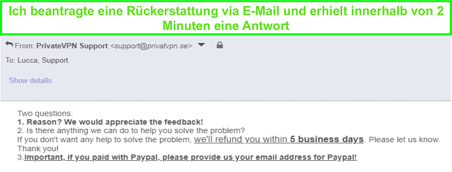 Screenshot von PrivateVPN, der schnell auf meine R&uuml;ckerstattungsanfrage per E-Mail reagiert
