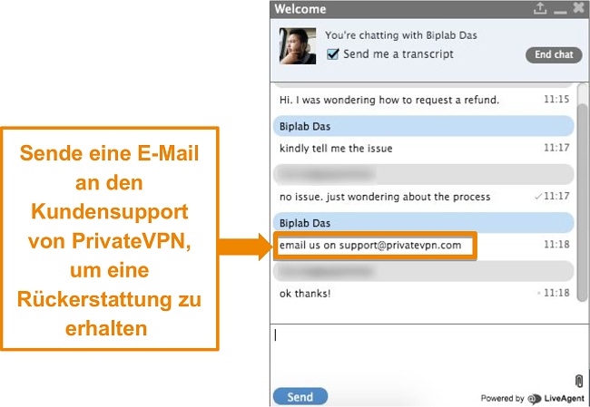 Screenshot eines PrivateVPN-Live-Chat-Agenten mit Anweisungen zum Senden einer R&uuml;ckerstattungsanforderung per E-Mail