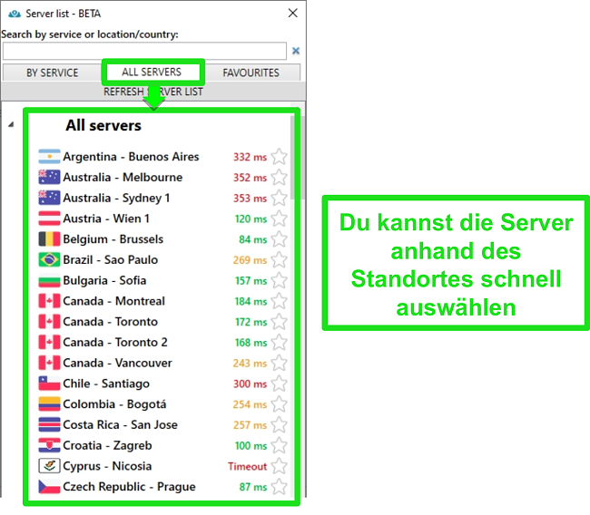 Screenshot der PrivateVPN-Serverstandorte in der Liste "Alle Server"