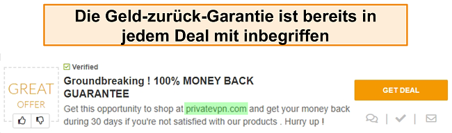 Screenshot eines PrivateVPN-Gutscheins mit Werbung f&uuml;r eine Geld-zur&uuml;ck-Garantie als "Deal"