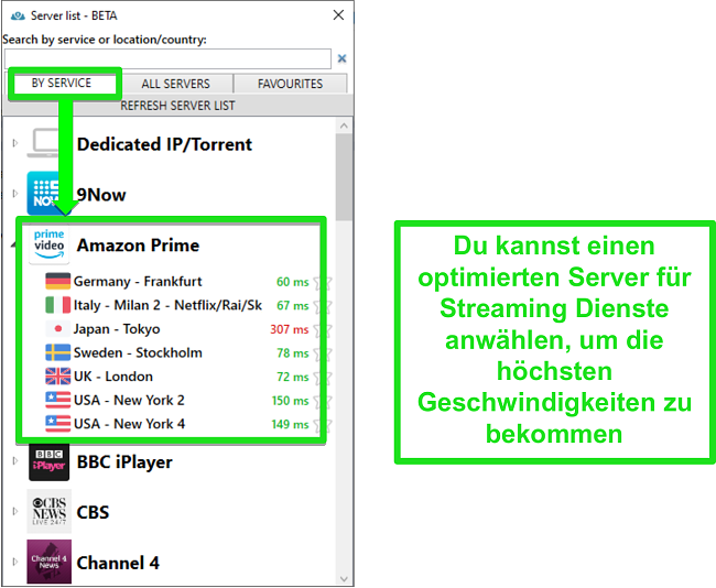 Screenshot der Streaming-Serveroptionen f&uuml;r PrivateVPN