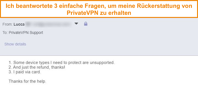 Screenshot der Antworten, um eine PrivateVPN-R&uuml;ckerstattung per E-Mail anzufordern