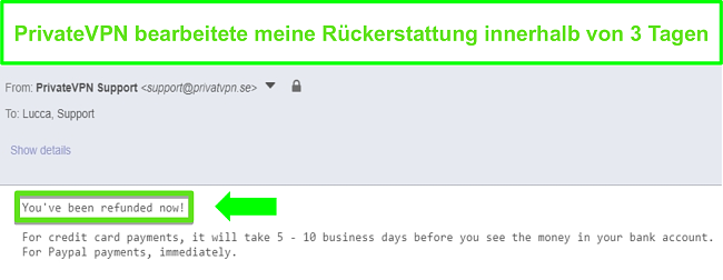 Screenshot der Antwort von PrivateVPN nach Bearbeitung einer R&uuml;ckerstattung