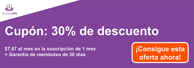 Gr&aacute;fico de un cup&oacute;n de PrivateVPN en funcionamiento para una suscripci&oacute;n de 1 mes por $ 7.67 y una garant&iacute;a de devoluci&oacute;n de dinero de 30 d&iacute;as