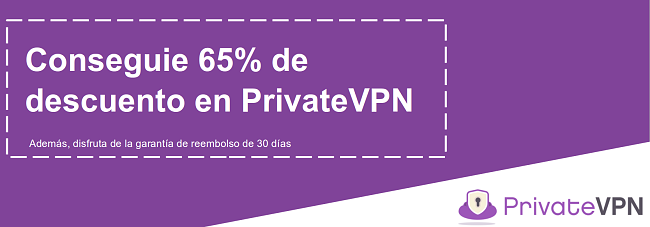 Gr&aacute;fico de un cup&oacute;n de PrivateVPN en funcionamiento que ofrece un descuento del 65% con una garant&iacute;a de devoluci&oacute;n de dinero de 30 d&iacute;as