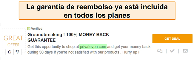 Captura de pantalla de un cup&oacute;n de PrivateVPN que anuncia una garant&iacute;a de devoluci&oacute;n de dinero como un "trato"
