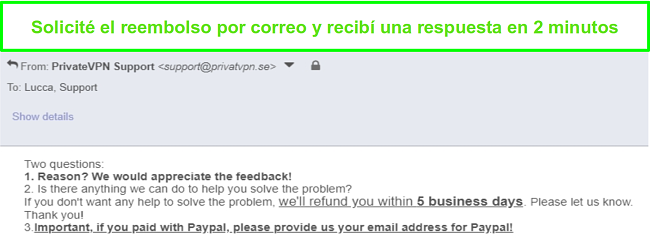 Captura de pantalla de PrivateVPN respondiendo r&aacute;pidamente a mi solicitud de reembolso por correo electr&oacute;nico