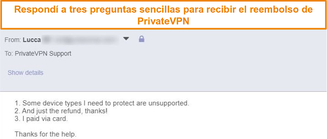 Captura de pantalla de las respuestas para solicitar un reembolso de PrivateVPN por correo electr&oacute;nico