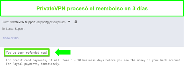 Captura de pantalla de la respuesta de PrivateVPN despu&eacute;s de procesar un reembolso