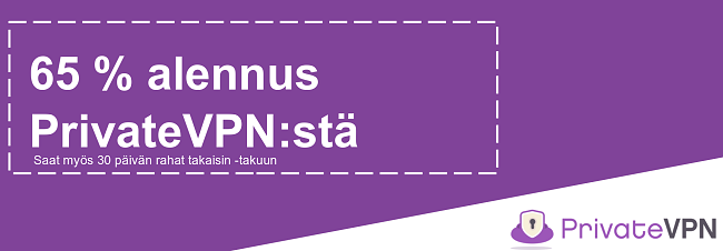 Kuva toimivasta PrivateVPN-kuponista, joka tarjoaa 65%: n alennuksen 30 p&auml;iv&auml;n rahat takaisin -takuulla