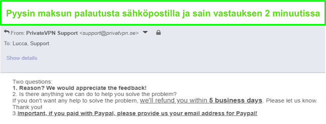 N&auml;ytt&ouml;kuva PrivateVPN: st&auml;, joka vastaa nopeasti hyvityspyynt&ouml;&ouml;ni s&auml;hk&ouml;postilla