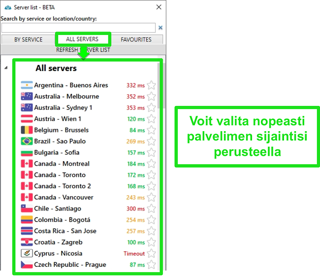 Kuvakaappaus PrivateVPN-palvelinten sijainnista Kaikki palvelimet -luettelossa