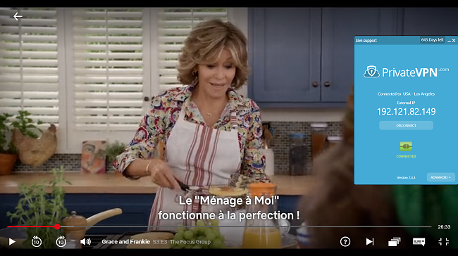 Capture d'&eacute;cran de PrivateVPN connect&eacute; au serveur am&eacute;ricain avec Grace et Frankie en streaming sur Netflix US