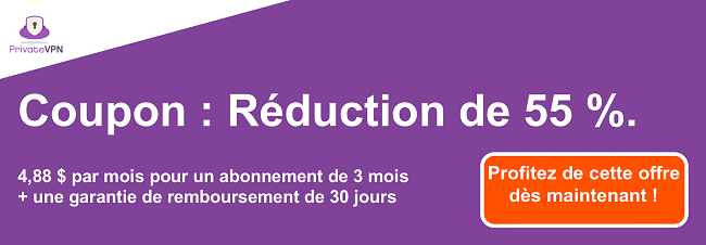 Graphique d'un coupon PrivateVPN fonctionnel avec 55% de r&eacute;duction sur un abonnement de 3 mois et une garantie de remboursement de 30 jours