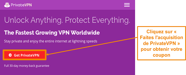 Capture d'&eacute;cran de l'&eacute;cran d'accueil de PrivateVPN avec un