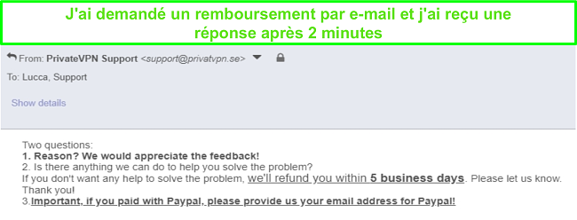 Capture d'&eacute;cran de PrivateVPN r&eacute;pondant rapidement &agrave; ma demande de remboursement par e-mail