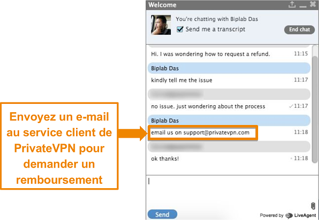 Capture d'&eacute;cran d'un agent de chat en direct PrivateVPN fournissant des instructions pour envoyer une demande de remboursement par e-mail