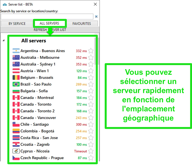 Screenshot of PrivateVPN server locations under the "All Servers" list