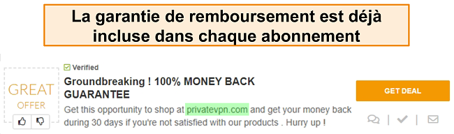 Capture d'&eacute;cran d'un coupon PrivateVPN annon&ccedil;ant une garantie de remboursement en tant qu '&laquo;accord&raquo;