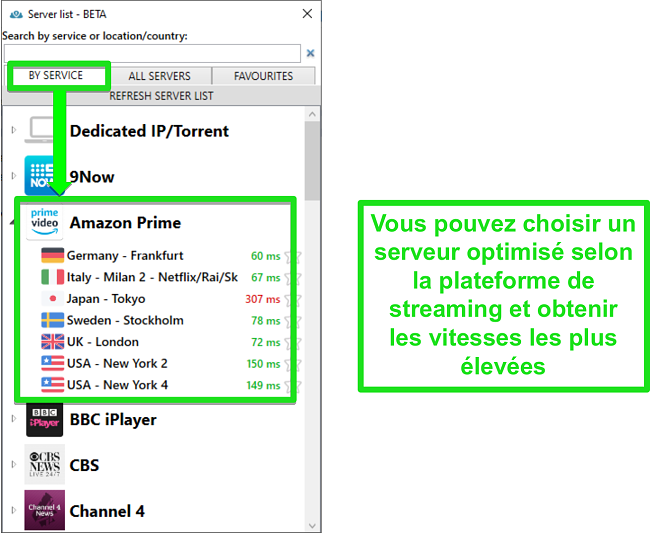 Capture d'&eacute;cran des options de serveur de streaming pour PrivateVPN