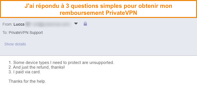 Capture d'&eacute;cran des r&eacute;ponses pour demander un remboursement PrivateVPN par e-mail