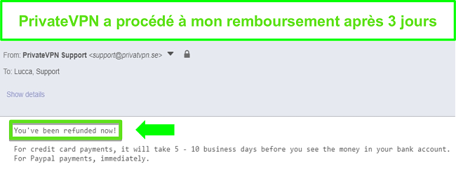 Capture d'&eacute;cran de la r&eacute;ponse de PrivateVPN apr&egrave;s le traitement d'un remboursement