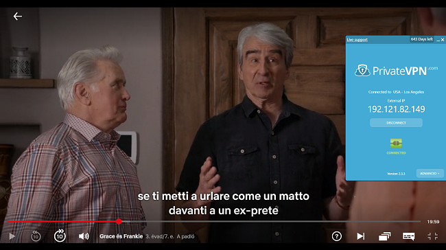 Pillanatk&eacute;p az amerikai szerverhez csatlakoz&oacute; PrivateVPN-ről a Grace &eacute;s Frankie streaming seg&iacute;ts&eacute;g&eacute;vel a Netflix US-on