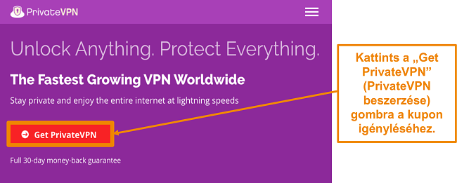 Pillanatk&eacute;p a PrivateVPN kezdők&eacute;pernyőről a
