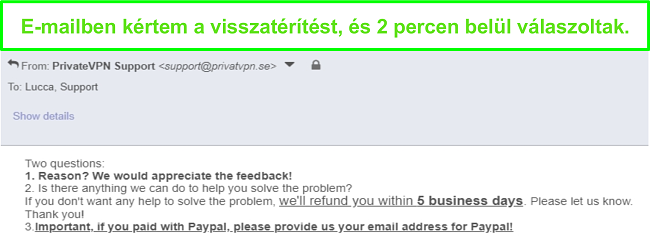 Pillanatk&eacute;p a PrivateVPN-ről, amely e-mailben gyorsan v&aacute;laszol a visszat&eacute;r&iacute;t&eacute;si k&eacute;relemre