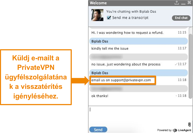 Pillanatk&eacute;p egy PrivateVPN &eacute;lő chat &uuml;gyn&ouml;kről, amely utas&iacute;t&aacute;sokat ad a visszat&eacute;r&iacute;t&eacute;si k&eacute;relem e-mailben t&ouml;rt&eacute;nő k&uuml;ld&eacute;s&eacute;re