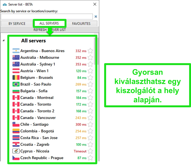Pillanatk&eacute;p a PrivateVPN szerverek hely&eacute;ről az "&Ouml;sszes szerver" list&aacute;ban