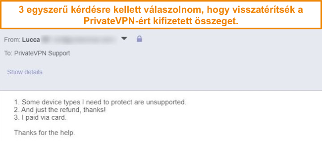 Pillanatk&eacute;p a v&aacute;laszokr&oacute;l, amelyek e-mailben k&eacute;rik a PrivateVPN visszat&eacute;r&iacute;t&eacute;s&eacute;t