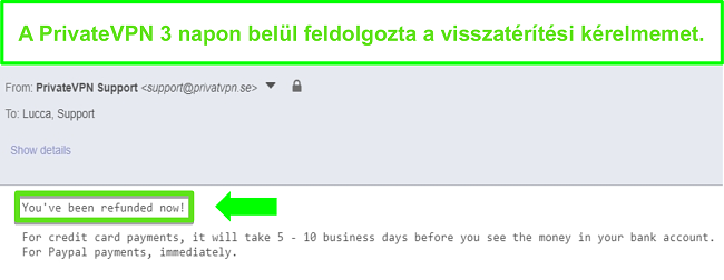 Pillanatk&eacute;p a PrivateVPN v&aacute;lasz&aacute;r&oacute;l a visszat&eacute;r&iacute;t&eacute;s feldolgoz&aacute;sa ut&aacute;n
