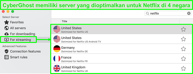 Cuplikan layar antarmuka aplikasi CyberGhost menampilkan server yang dioptimalkan untuk streaming Netflix