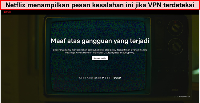Cuplikan layar pesan kesalahan Netflix saat menggunakan VPN, proxy, atau unblocker - Kode Kesalahan: M7111-5059