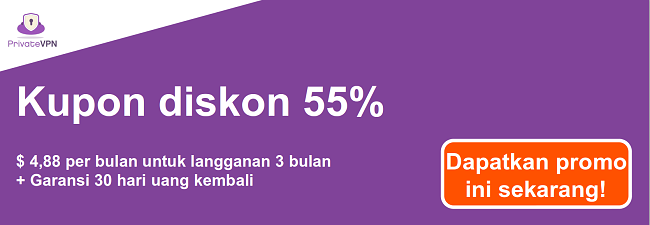 Grafik kupon PrivateVPN yang berfungsi dengan diskon 55% dengan langganan 3 bulan dan jaminan uang kembali 30 hari