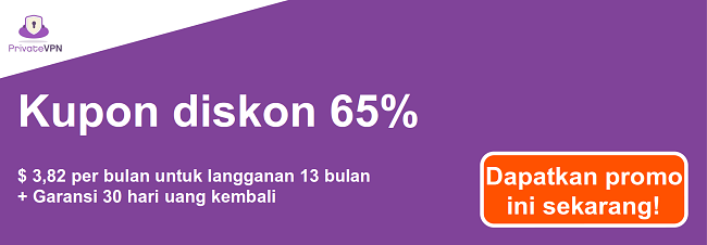 Grafik kupon PrivateVPN yang berfungsi dengan diskon 65% dengan langganan 13 bulan dan jaminan uang kembali 30 hari