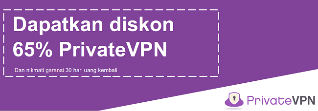Grafik kupon PrivateVPN yang berfungsi yang menawarkan diskon 65% dengan jaminan uang kembali 30 hari