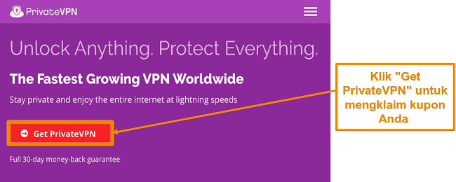 Cuplikan layar beranda PrivateVPN a