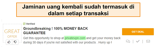 Jepretan kupon PrivateVPN yang mengiklankan jaminan uang kembali sebagai "kesepakatan"