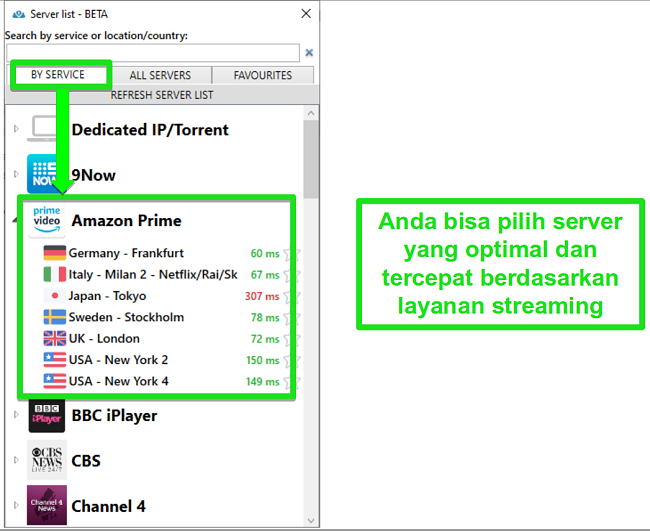 Tangkapan layar opsi server streaming untuk PrivateVPN