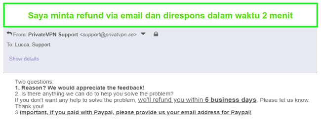 Cuplikan dari PrivateVPN menanggapi dengan cepat permintaan pengembalian dana melalui email
