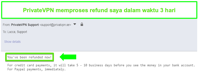 Cuplikan dari tanggapan PrivateVPN setelah pengembalian dana diproses