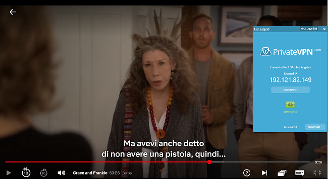 Screenshot di Surfshark connesso al server statunitense con Grace e Frankie in streaming su Netflix USA