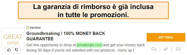 Screenshot di un coupon di PrivateVPN che pubblicizza una garanzia di rimborso come un "affare"